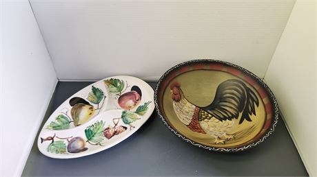Divided Platter & Rooster Serving Bowl