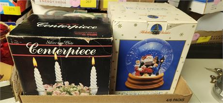 Christmas Snow globe & Silver Plate Centerpiece & Ceramic Christmas House
