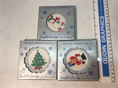 3 Snowflake Greetings Bisque Ornaments