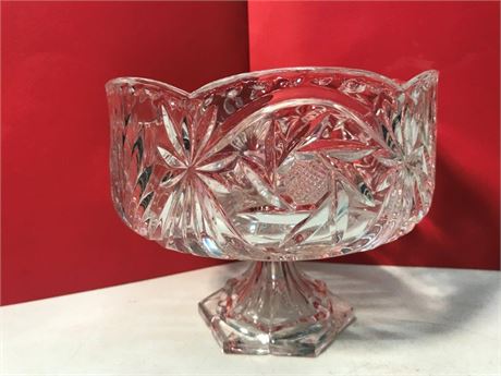 Vintage Cut Glass 6.5" Pedestal Bowl Sunburst Pattern Hexagon Base