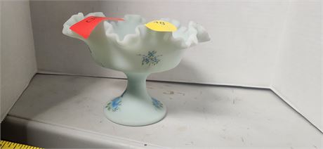 Fenton Hand Painted Blue Satin Compote Pedestal Candy Dish