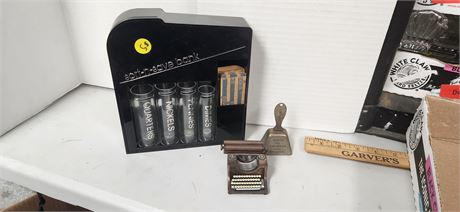 Sort-n-Save Bank & Small Metal Typewriter Statue & Bell