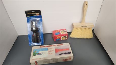 Heated Windshield Ice Scrapper & Kobalt Brush & Headlamp With Strap & Misc.