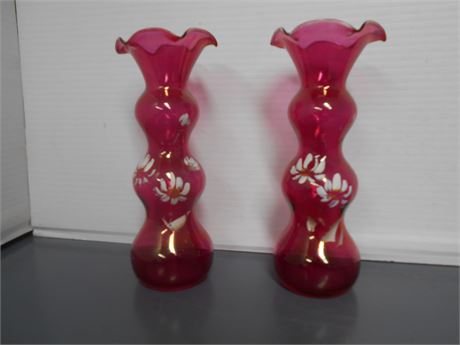 2 Decorative Cranberry Glass Vases
