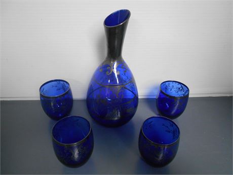 Cobalt Blue Glass Silver Overlay Decanter 5 Piece Set