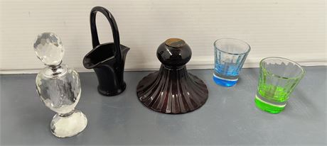 Vintage Decorative Glass Perfume Bottle & Small Glass Vase & Misc. Glassware