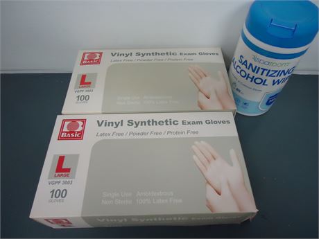 Vinyl Synthetic Exam Gloves. size Large & Sanitizing Wipes