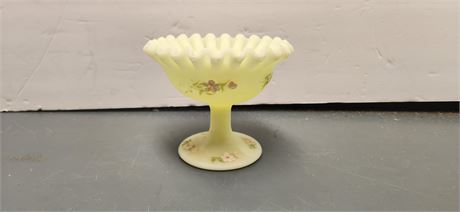 Vintage Fenton Signed Hand Painted Custard Satin Uranium Compote Candy Dish