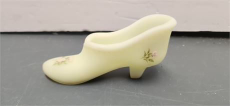 Fenton Vintage Uranium Custard Satin Glass Signed Boot