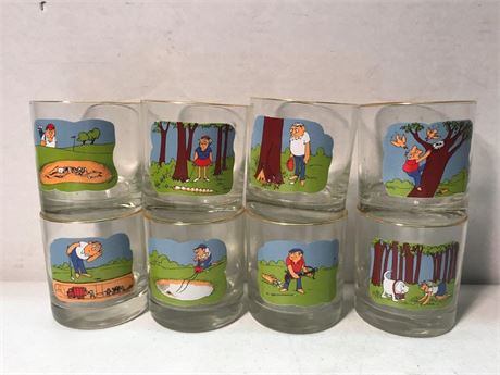 8 1970's Ashby Low Ball Whisky Golf Cartoon Glasses