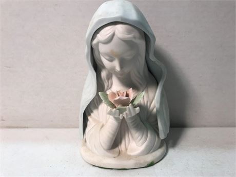 Statuette Virgin Mary Holding a Rose Porcelain Bisque