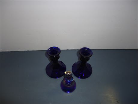 Blue Glass Candle Holders & Carnival Glass Owl Bell