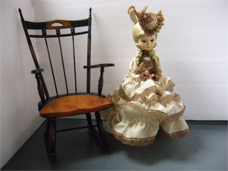 Vintage Doll & Doll Rocking Chair