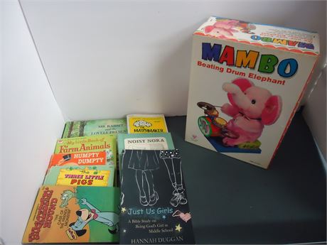 Vintage Books & Mambo Beating Drum Elephant Toy