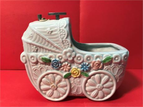 Vintage Napco Blue Cradle Bassinet Brahms's Lullaby Musical Planter