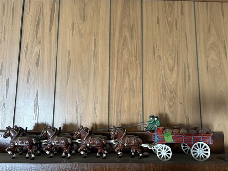 Vintage Wrought Iron Horse and Beer Wagon, 8 Clydesdale Horses and barrels