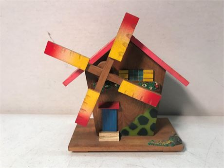 Vintage Wood Windmill Piggy Bank Music Box with Key