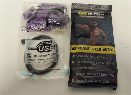 USB Cable & Cat Harness and Leash & Calf Compression Sleeves