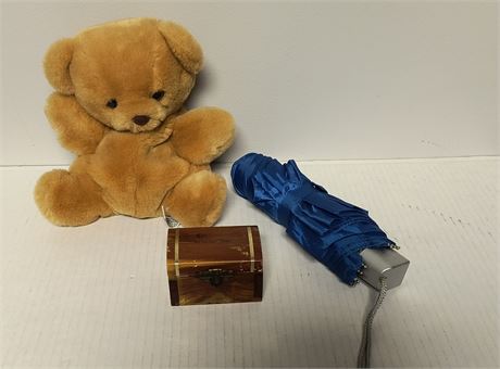 Umbrella & Teddy Bear & Small Wood Box