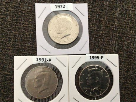 1972, 1991-P, 1995-P Kennedy 1/2 Dollar Coins