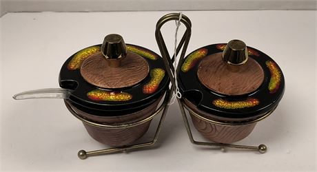 Vintage Pottery Condiment Set With Caddy & Spoon