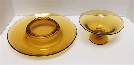 2 Amber Glassware Pieces