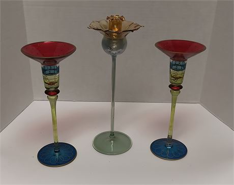 3 Decorative Glass Candlestick Holders