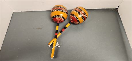 Pair Of Hand Painted Wood Maracas