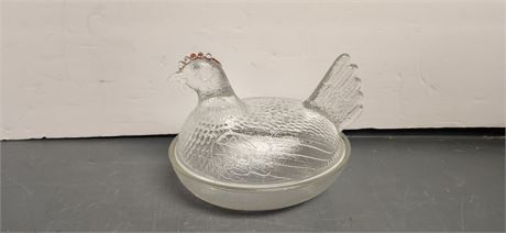 Clear Glass Hen Sitting On Nest Covered Candy Dish