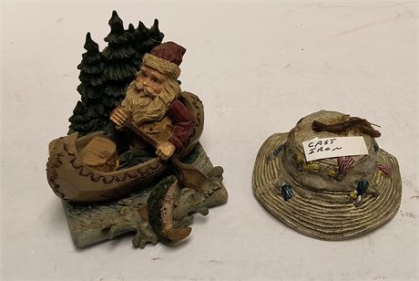Cast Iron Fishing Hat & Santa Statue. Santa Has Damage. Santa Is NOT Cast Iron
