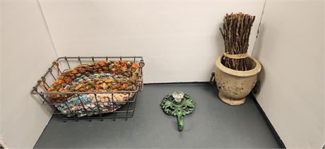 Cast Iron Hook & Metal Basket & Vase With Decorations