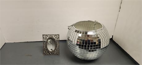 Disco Ball Planter With Hanging Hardware & Small Metal Floral Picture Frame