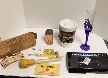 LED lights and vintage thermometers