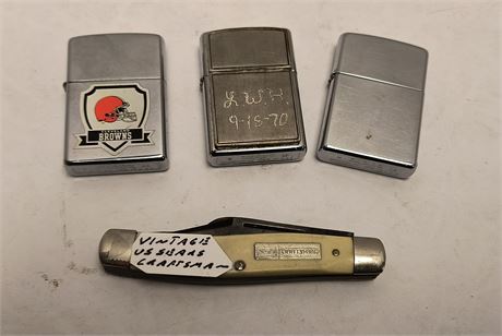 3 Zippo Lighters & Vintage Sears/Craftsman Pocket Knife
