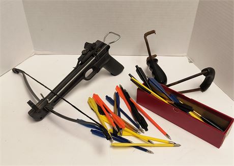 Vintage Crossbow Pistol With Small Plastic Crossbow Arrows