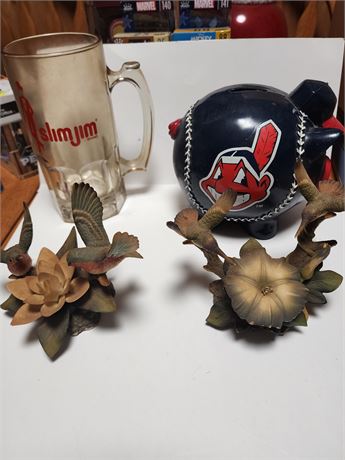 misc. glassware incl Cleveland Indians piggy bank