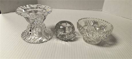 Homco Candle Holder & Misc. Glassware. Some Of Glassware Has Chips In Glassware