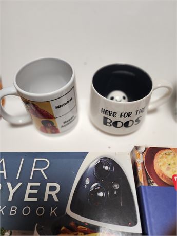 2 cook books and 3 mugs