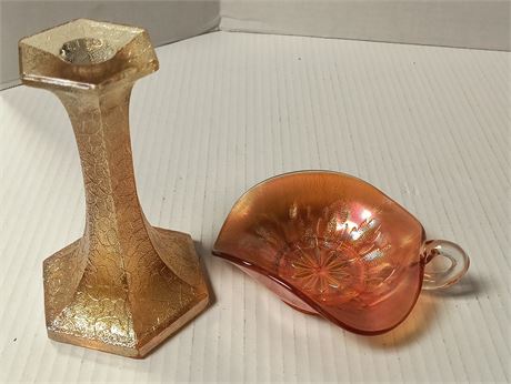 Carnival Glass Marigold Leaf Rays Nappy Dish & Marigold Candle Holder