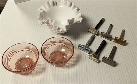 Schick & Gillette Razors & Fenton Hobnail Milk Glass Vase & Pink Glassware