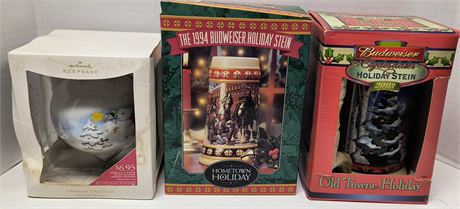 Hallmark Christmas Ornament & 2 Budweiser Beer Steins