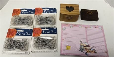 Vintage Brown Herbs Tablets Box & Floral Pins & Misc.