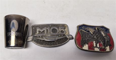American Eagle Belt Buckle & M105 Music Station & Star Trek Shot Glass