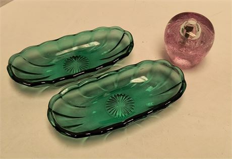 Pink Glass Vase & Emerald Green Banana Split Ice Cream Bowls