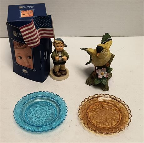 Lenox Bird Statue & Hummel Little Luck Statue & Blue & Amber Serving Plates