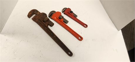 8" & 10" Pipe Wrenches. One Unknown Size Pipe Wrench