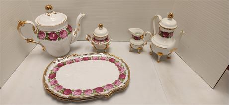 Tea Set & Matching Serving Trays. One Piece Is Broken On Top