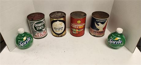 Vintage Empty Oil & Transmission Fluid Cans & Plastic Sprite Ornament Bottles