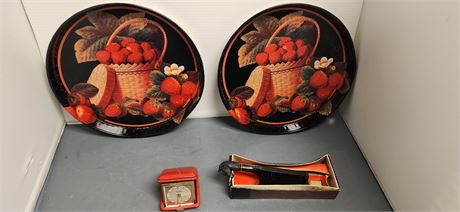 Vintage Equestrian Lint Shoe Brush & Metal Trays & Seth Thomas Folding Clock