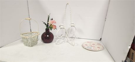 Pink Sponged Stoneware Plate & Misc. Decorations
